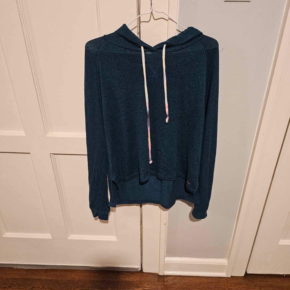 PINK Victoria Secrets Medium Hoodie Shirt In Blue With Rainbow Strings
